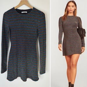 Reformation Dress Riley Sparkle Stripe Blue Red Long Sleeve Retro Knit Mini M